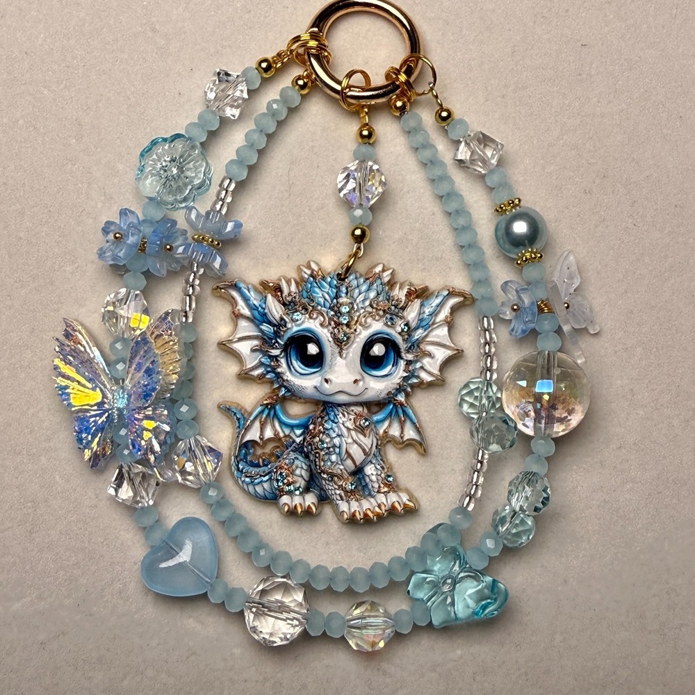 Blue Dragon Phone Wristlet Keychain Glow in Dark Beaded Fantasy Charm Handmade